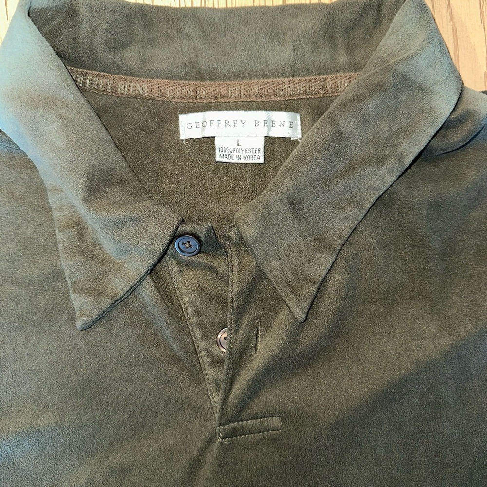 Vintage Geoffrey Beene Olive Green Faux Suede Polo Shirt - Men's Large